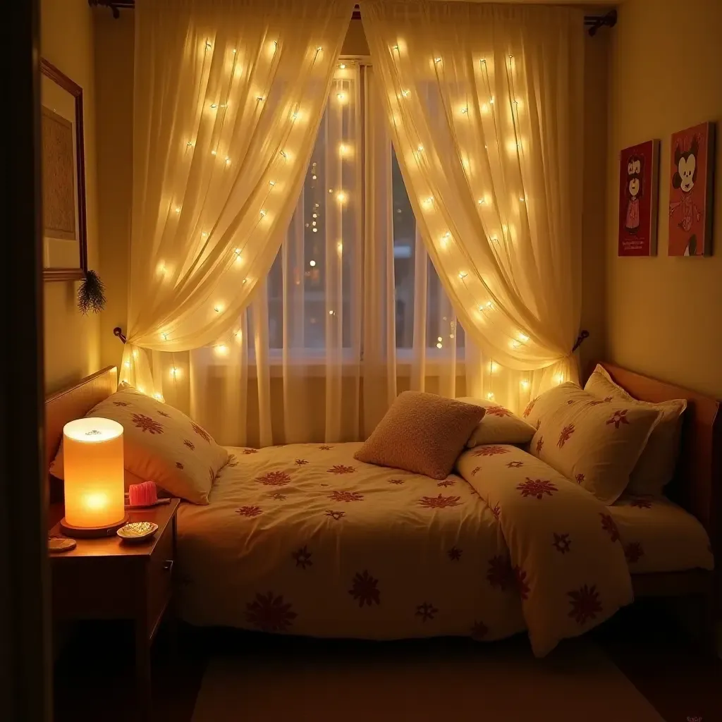 a photo of a cozy, themed sleep space with fairy lights