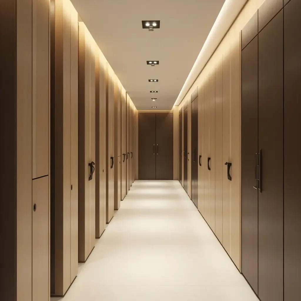 a photo of a modern corridor with integrated lighting and storage