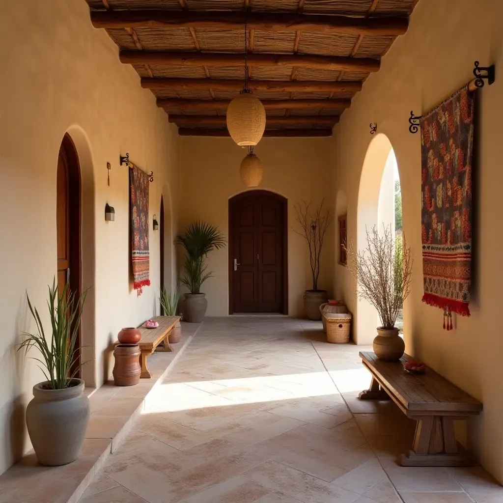 a photo of a welcoming corridor adorned with handmade pottery and textiles