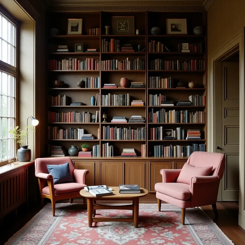 a photo of a cozy library featuring vintage textiles and modern furniture