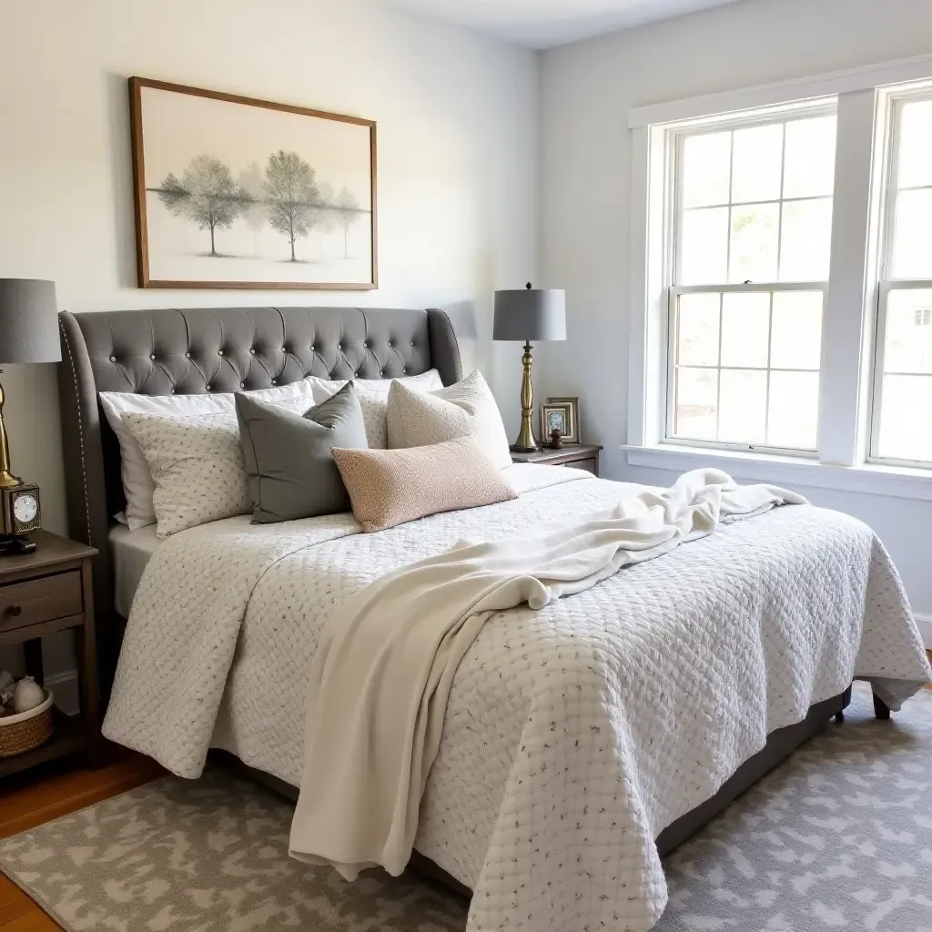 a photo of a farmhouse bedroom with a mix of patterned quilts and throw pillows