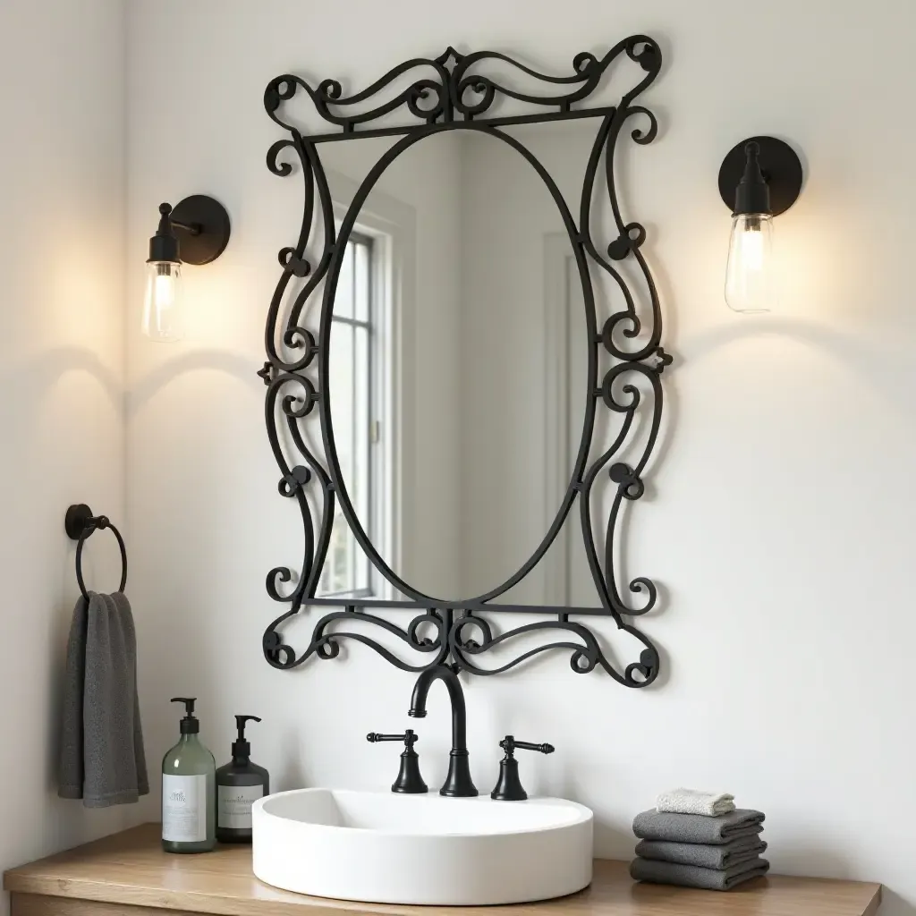 a photo of a bathroom with a decorative wrought iron mirror