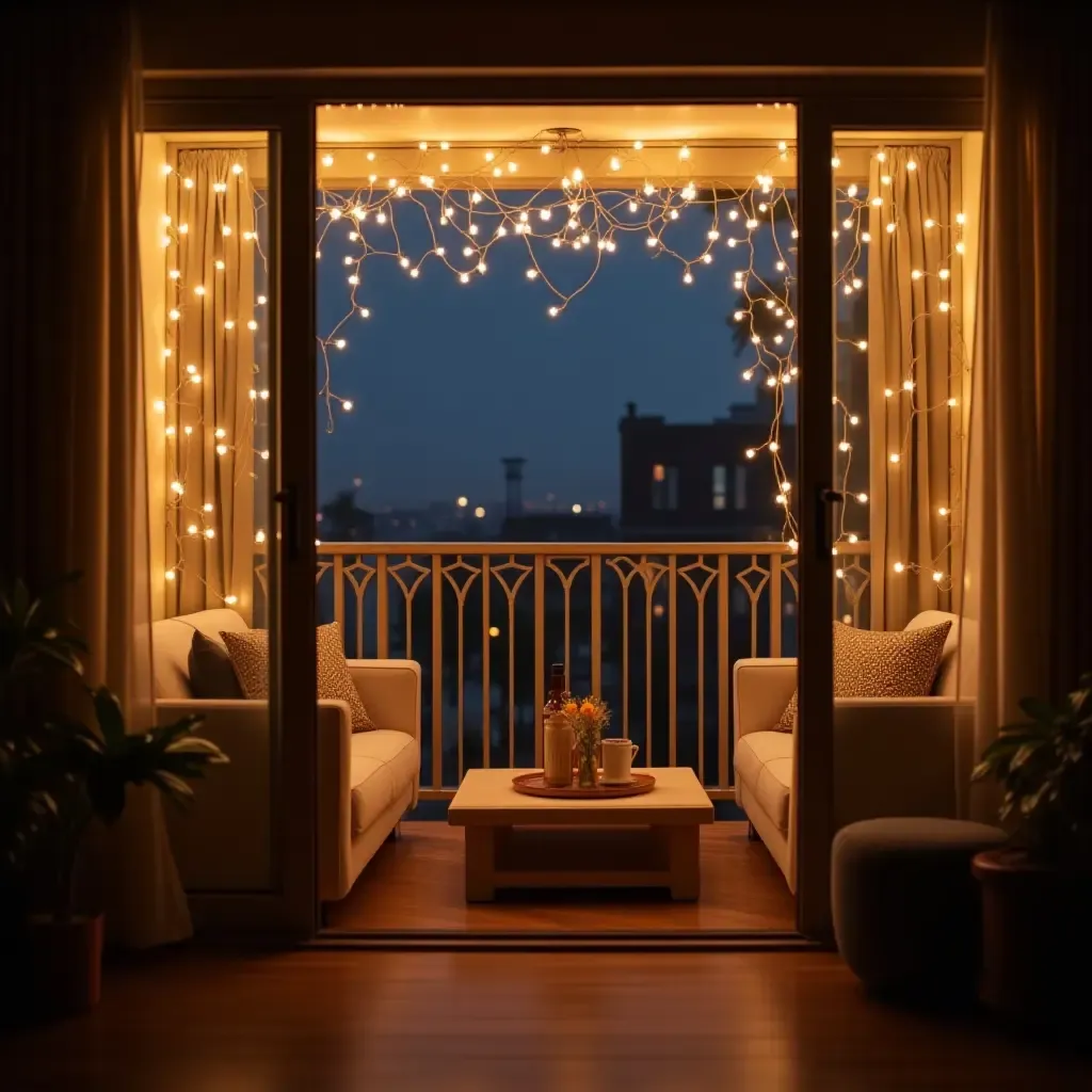 a photo of a balcony with a chic lounge area and fairy lights