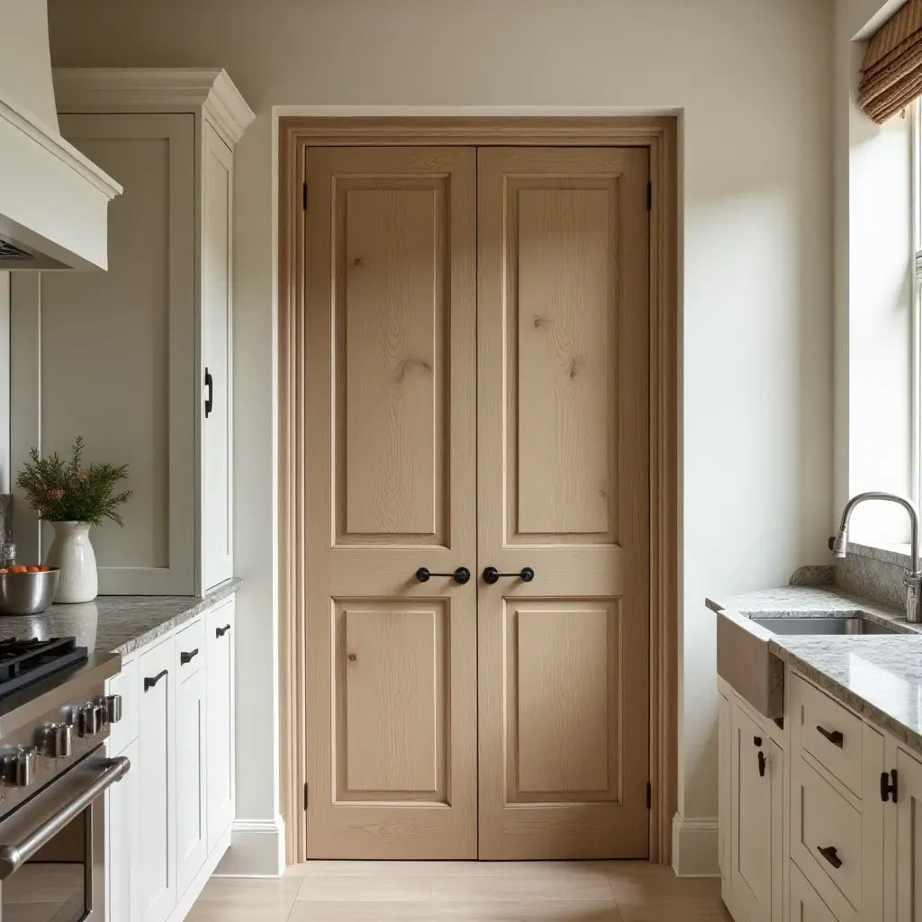 a photo of a kitchen with a Mediterranean-style pantry door