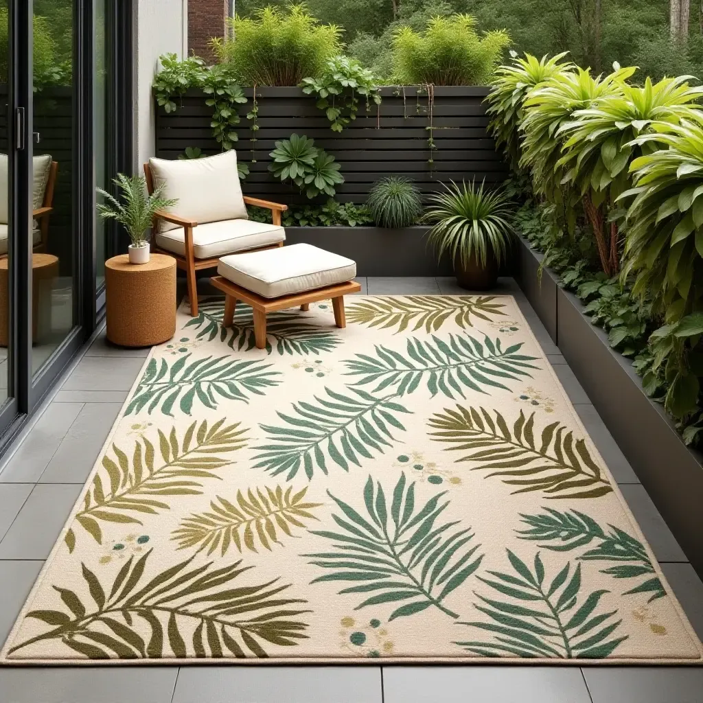 a photo of a large outdoor rug with a tropical theme on a summer balcony