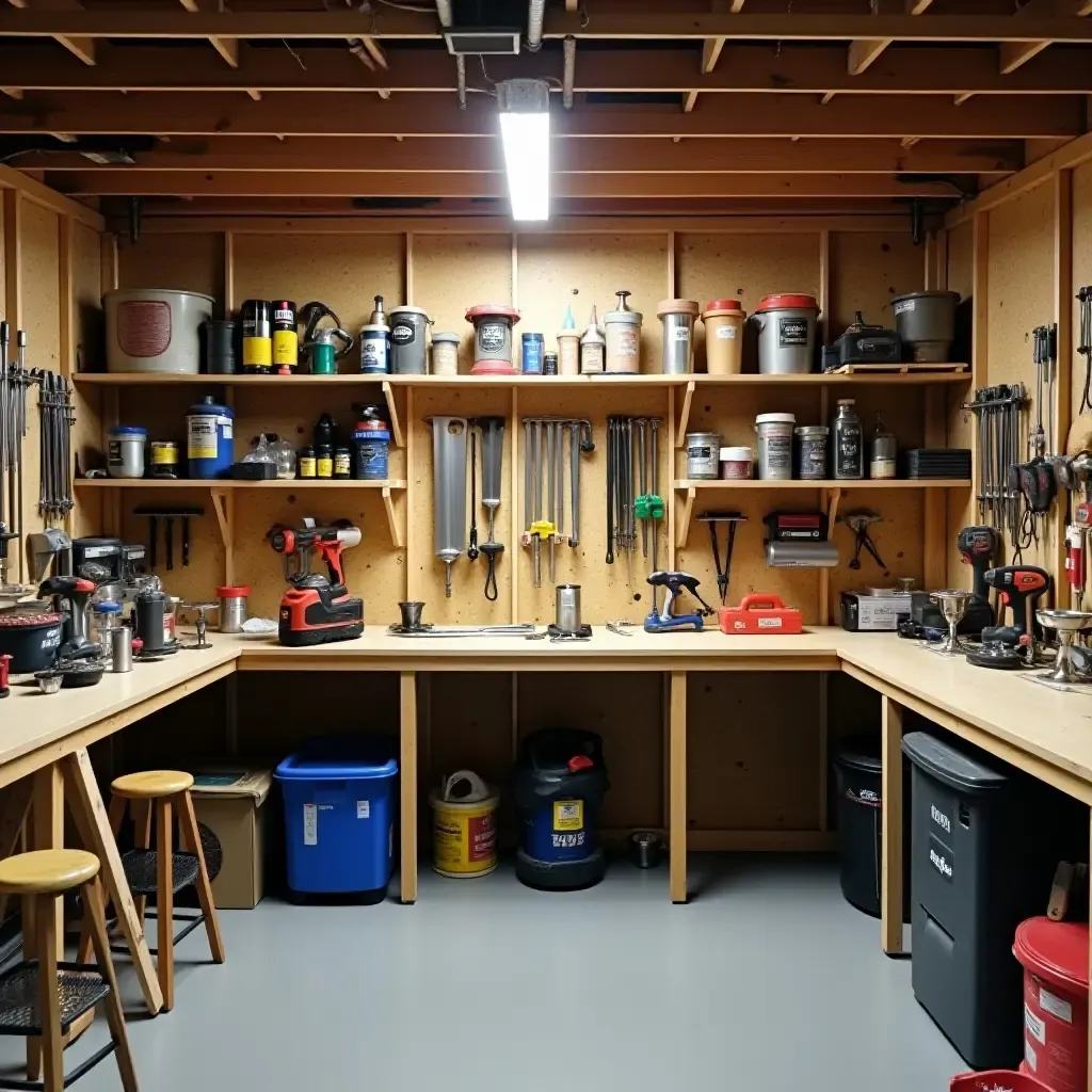 a photo of a basement workshop with tools organized on open shelves