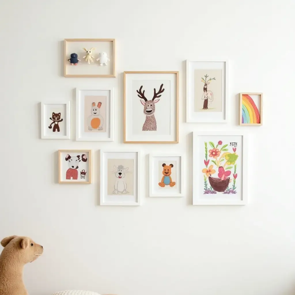 a photo of a DIY photo gallery wall featuring kids&#x27; artwork