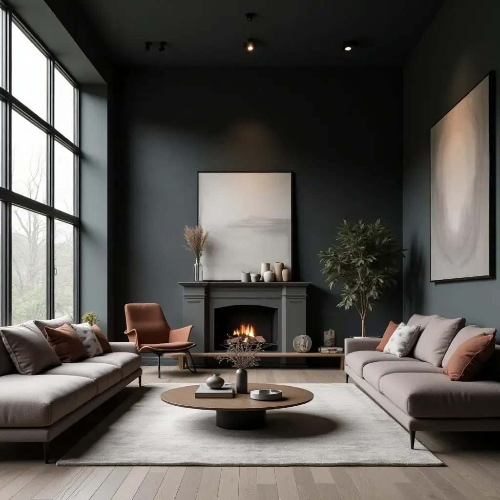 a photo of a spacious dark grey living room with large windows and contemporary furniture