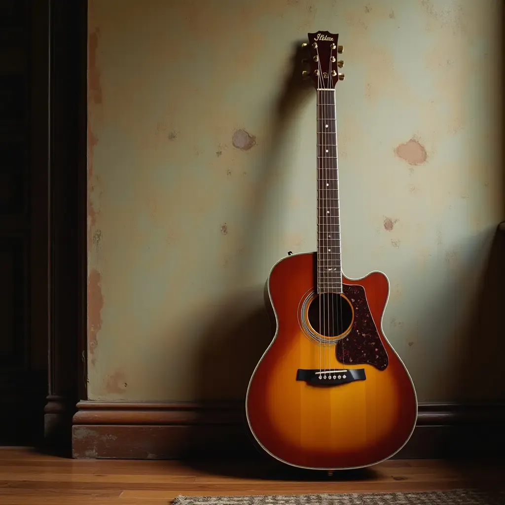 a photo of a classic guitar resting against a wall