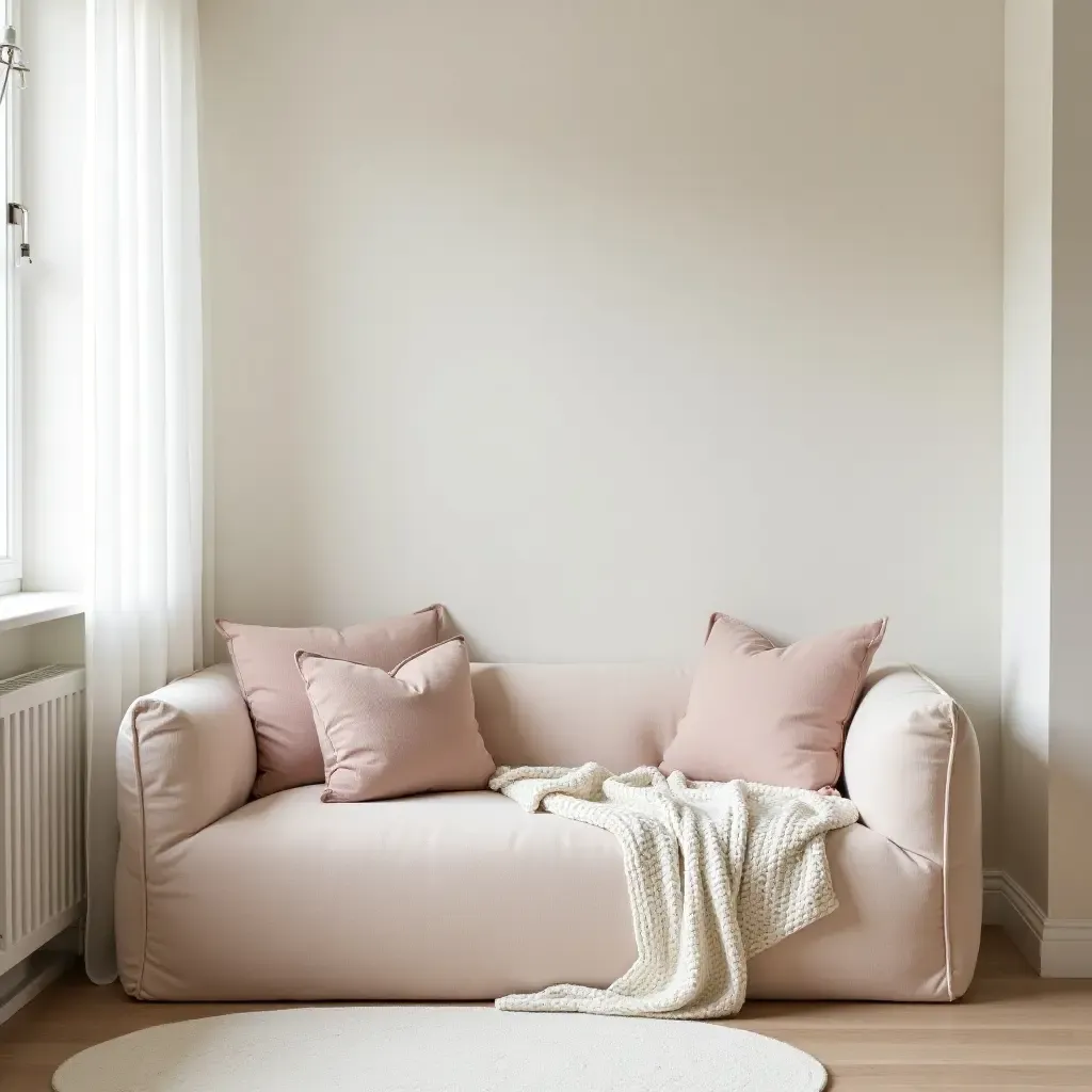 a photo of a cozy reading nook in a nursery with soft cushions