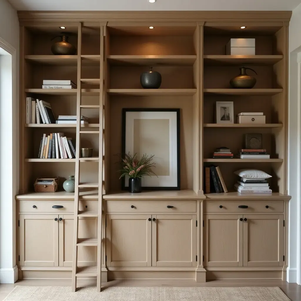 a photo of a built-in bookcase with a ladder and hidden compartments