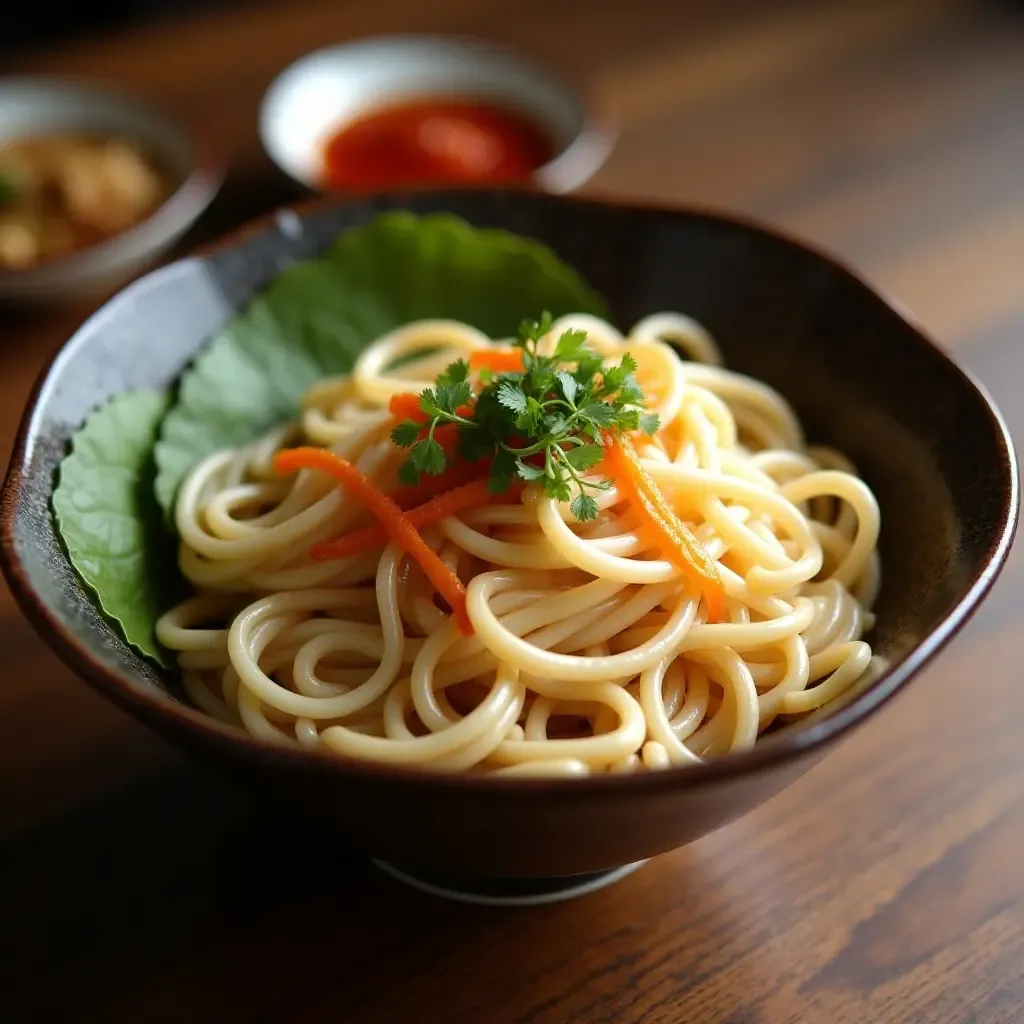 a photo of a delicate bowl of somen noodles served cold with a light dipping sauce and garnishes.