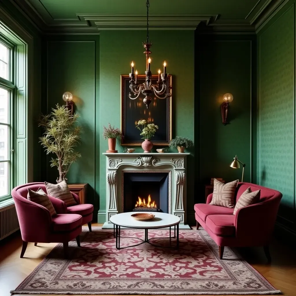 a photo of an elegant living room with green wallpaper and burgundy furniture