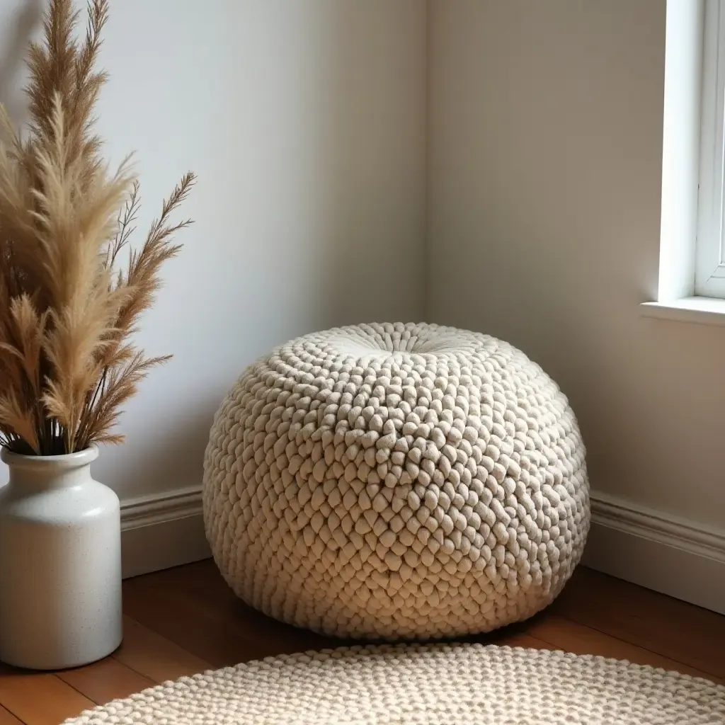 a photo of a cozy corner with a decorative pouf