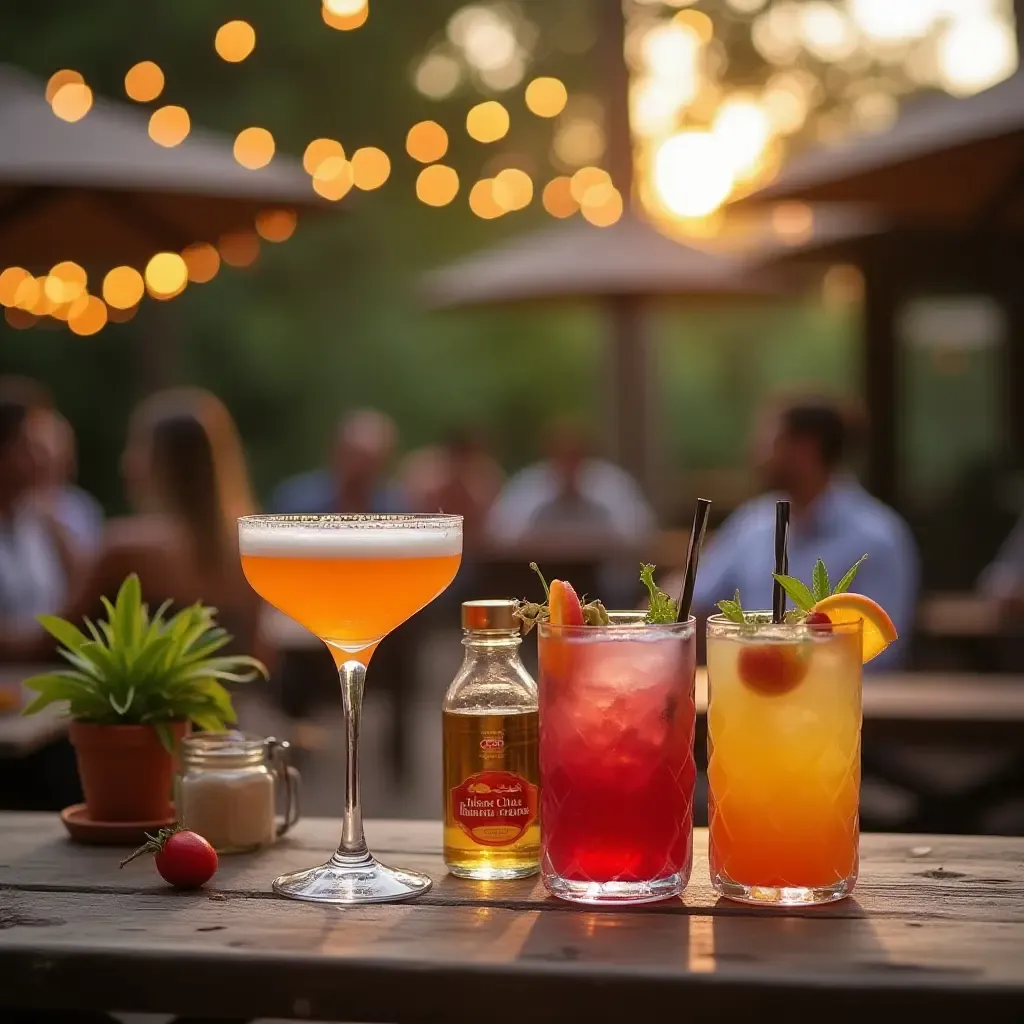 a photo of an outdoor bar with colorful cocktails and decorations