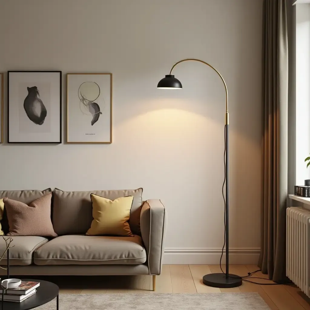 a photo of a small living room with a stylish arc floor lamp