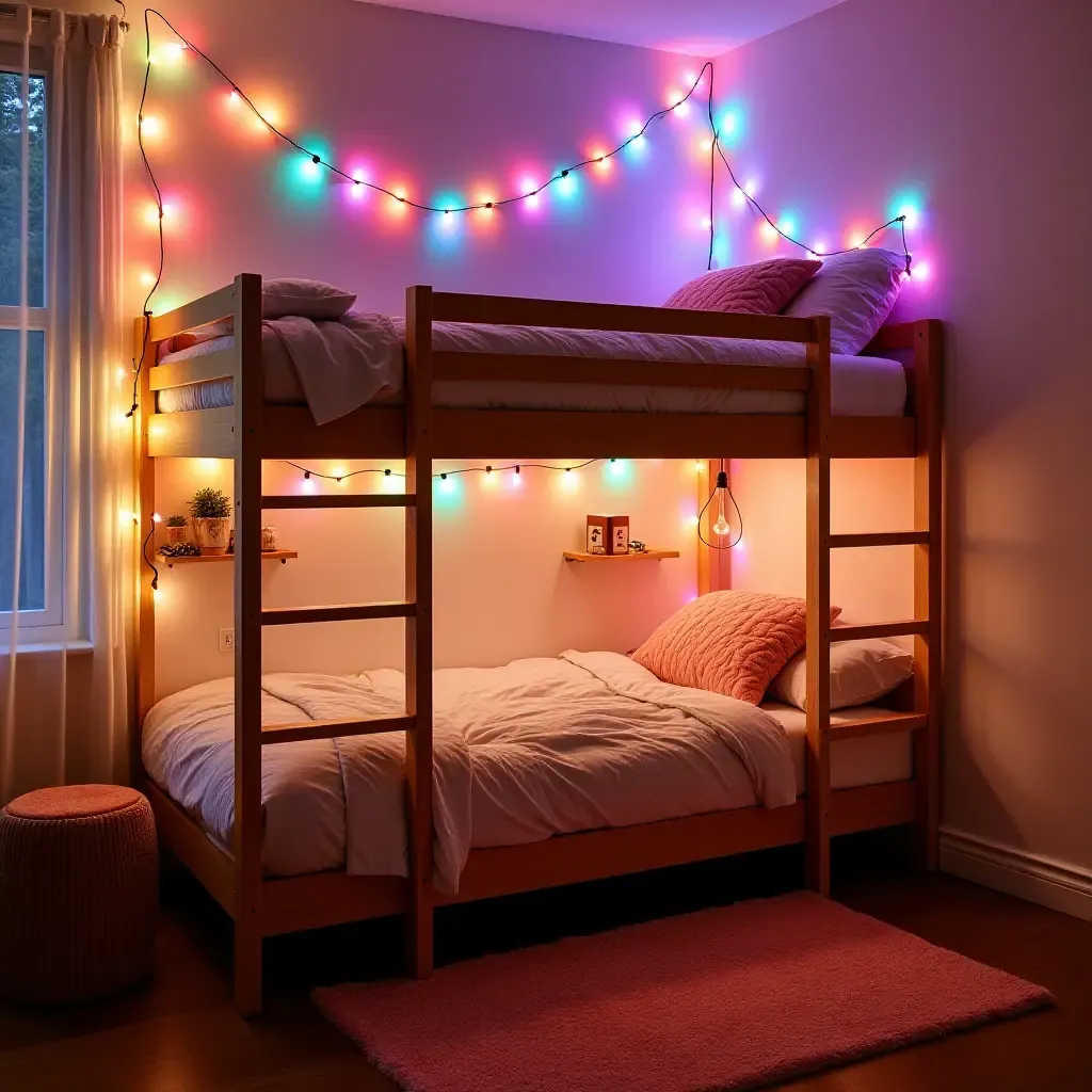 a photo of a loft bed with colorful fairy lights and vibrant decor