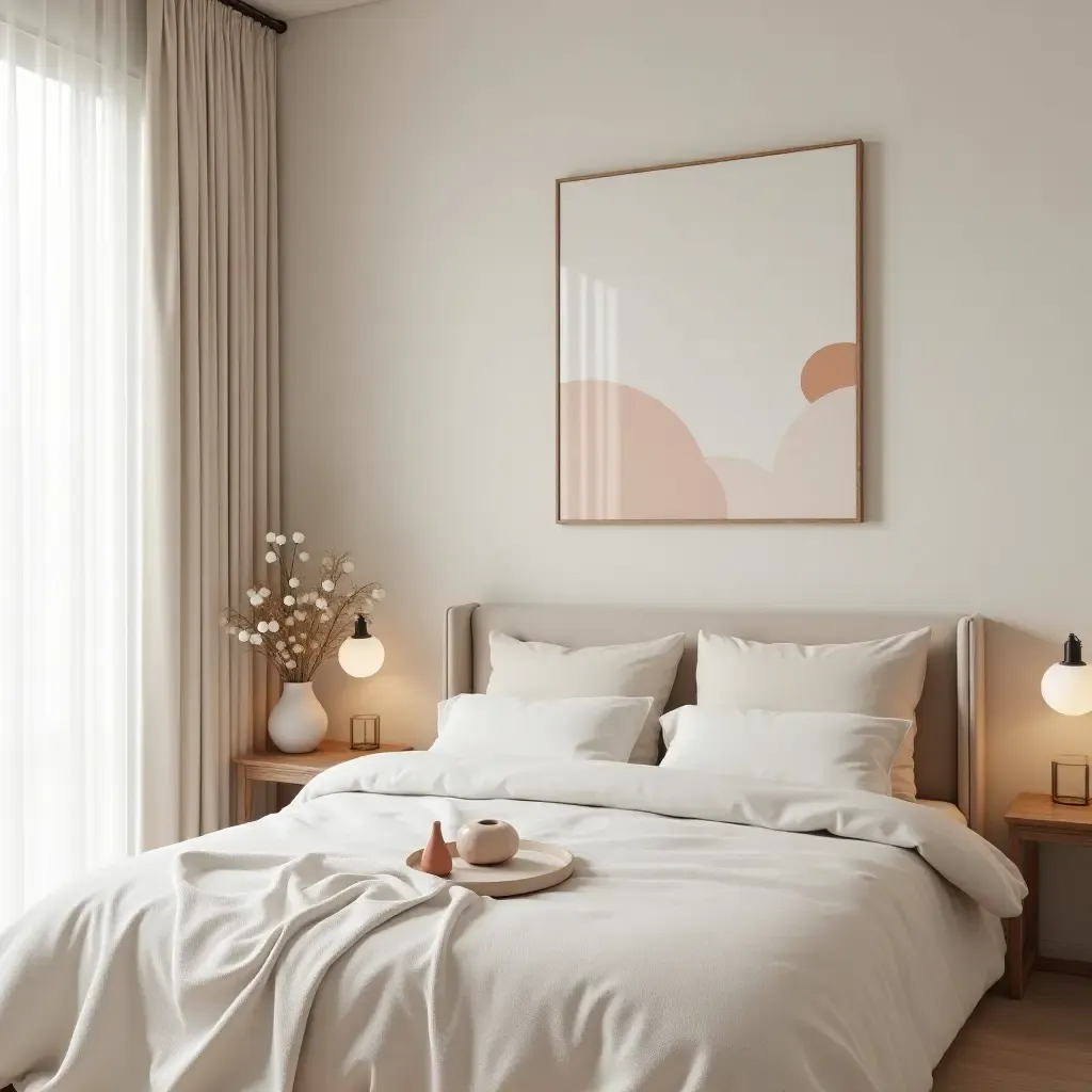 a photo of a cozy bedroom with a soft color scheme and minimalist art