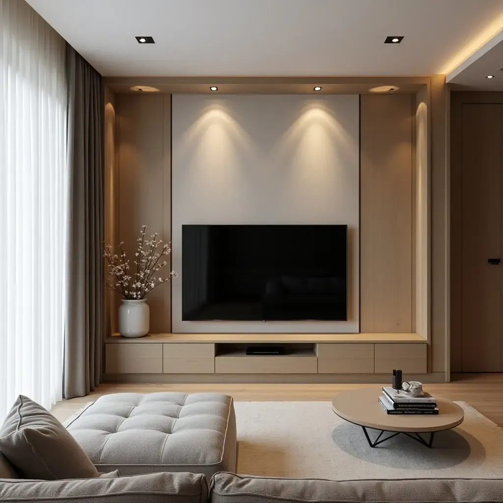 a photo of a small living room with a TV hidden behind sliding artwork panels