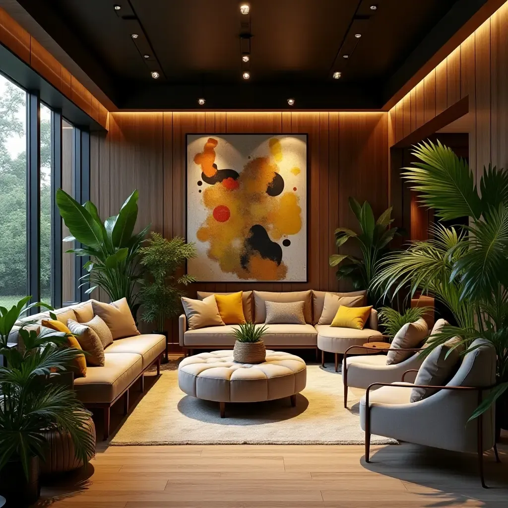 a photo of a modern lounge area with artistic decor and lush plants