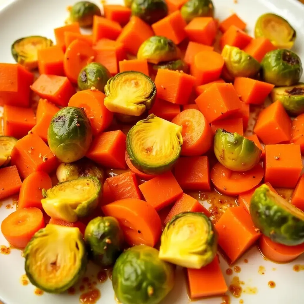 a photo of gochujang-glazed roasted vegetables, including carrots, sweet potatoes, and Brussels sprouts.