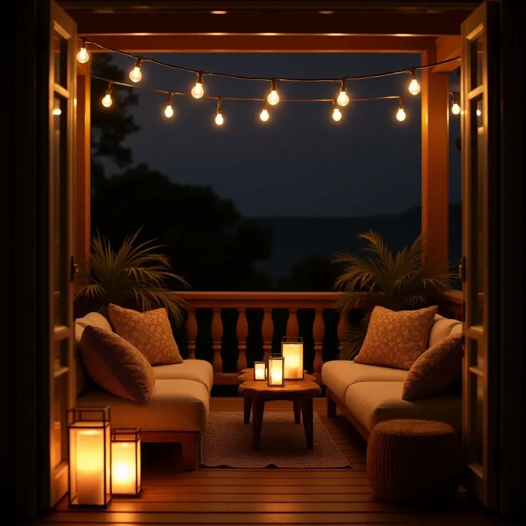 a photo of a balcony adorned with lanterns and comfortable seating