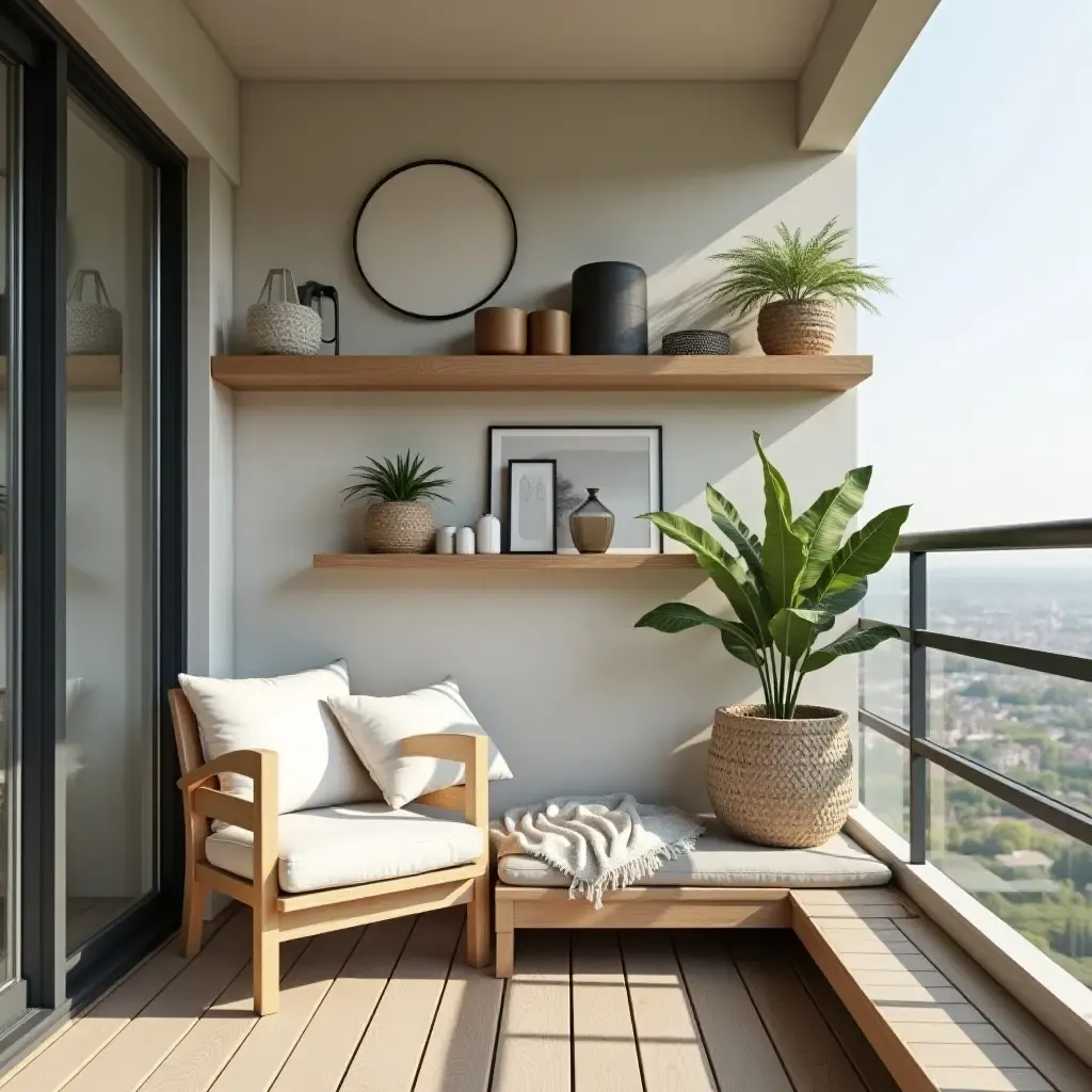 a photo of a balcony with a rustic wooden shelf and decorative items