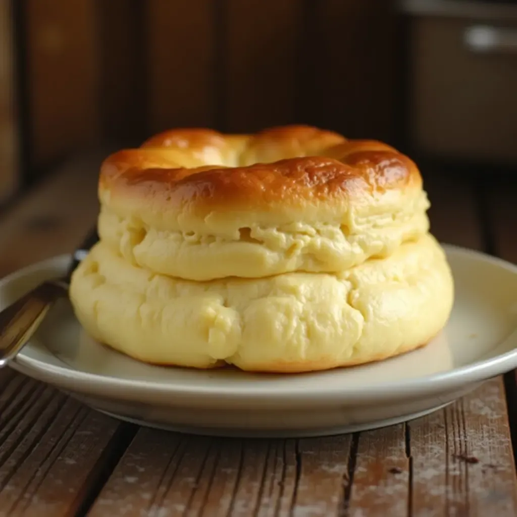 a photo of a fluffy soufflé made with eggs, rising perfectly in a rustic kitchen.