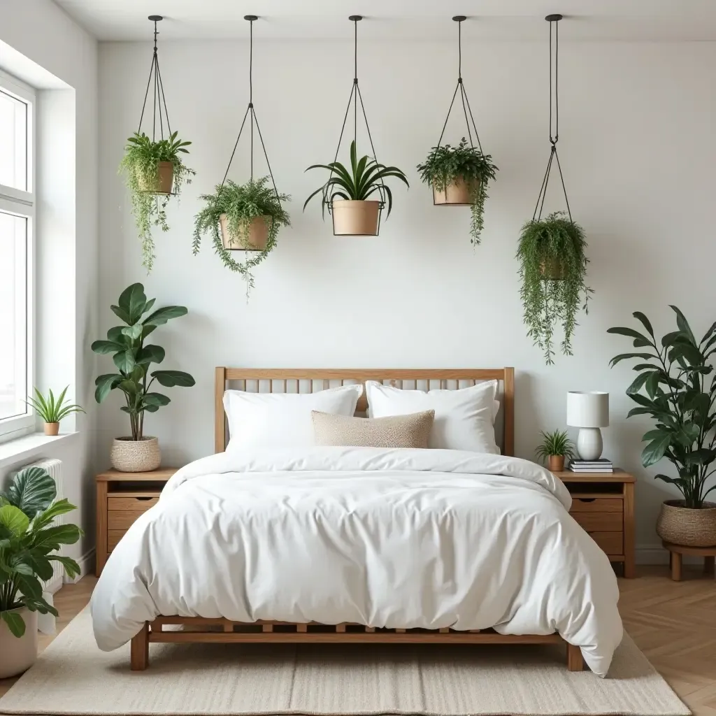 a photo of a bedroom showcasing a mix of hanging and potted plants