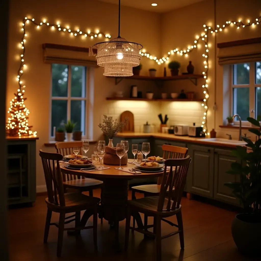 a photo of a cozy dining area with fairy lights in a kitchen