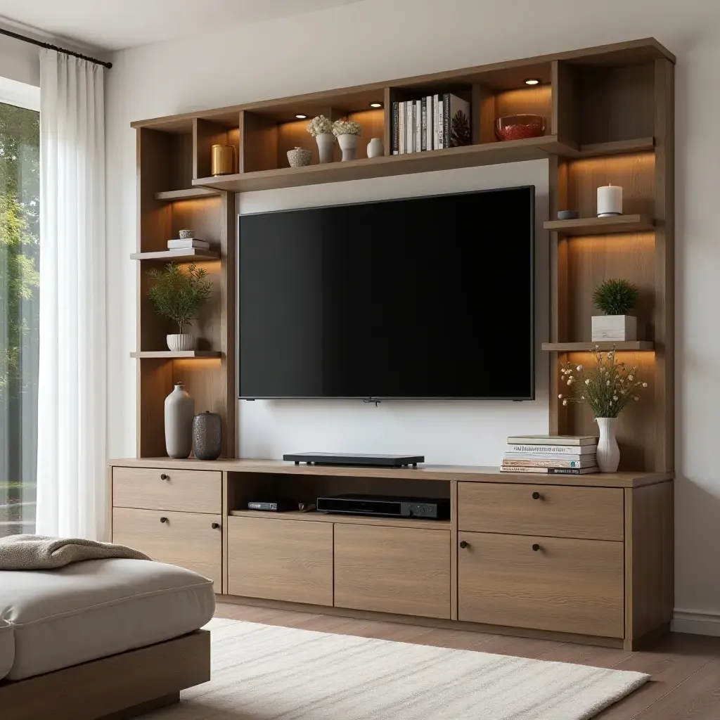 a photo of a well-organized media center with decorative items