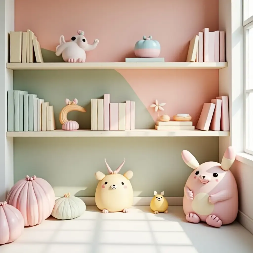 a photo of a bright library shelf with pastel colors and whimsical decor