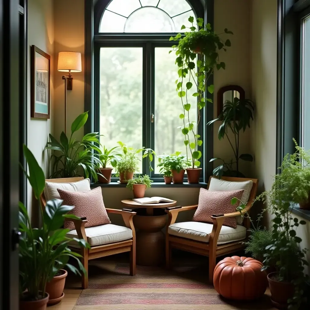 a photo of a cozy reading nook with plants