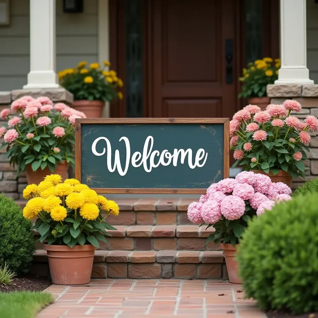 a photo of a cheerful welcome sign surrounded by blooming flowers on a porch