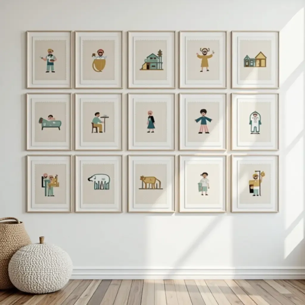 a photo of a gallery wall displaying a series of framed puzzle pieces