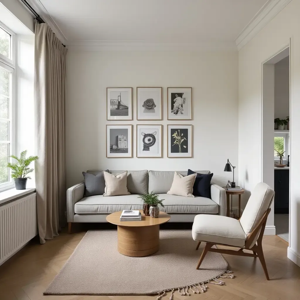 a photo of a small living room dining room combo with a gallery wall