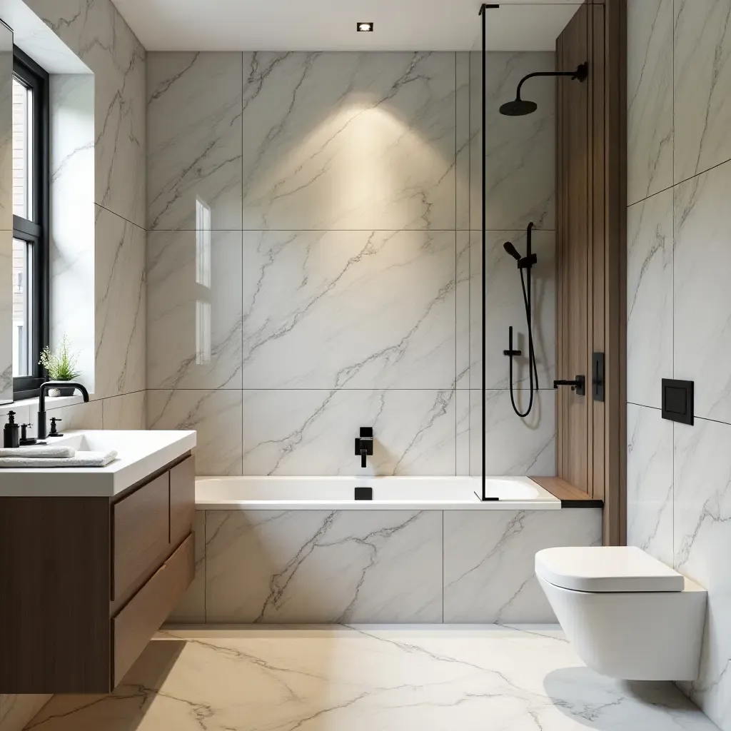 a photo of a contemporary bathroom with artistic tile arrangements and sleek fixtures