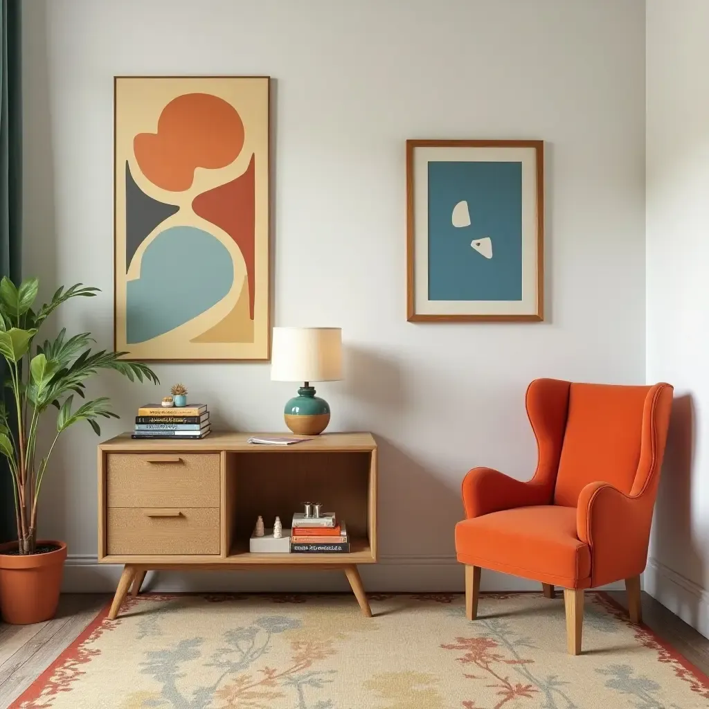 a photo of a fun kids&#x27; space combining vintage art deco furniture with modern colors