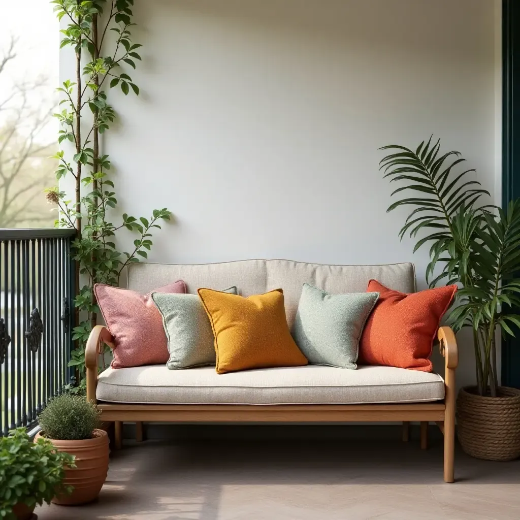 a photo of a balcony with a vintage bench and colorful throw pillows