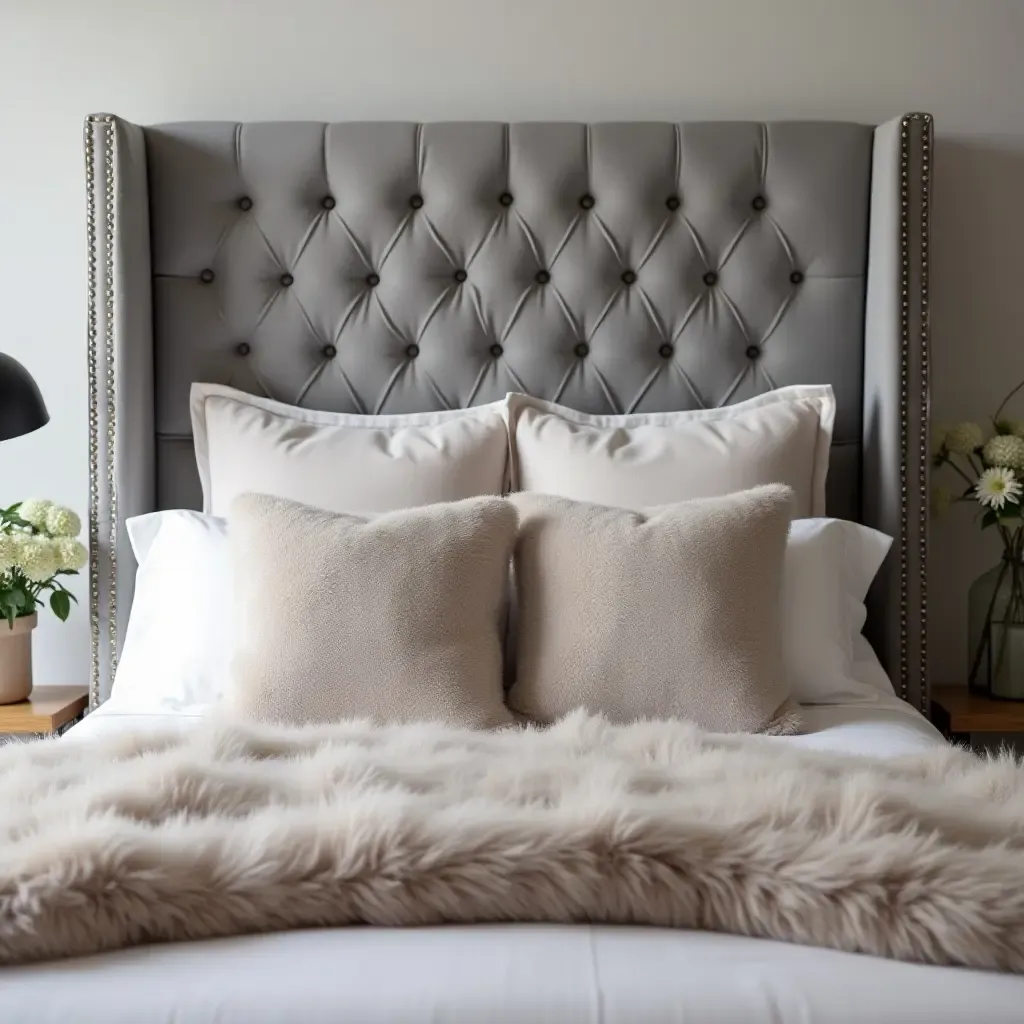 a photo of a grey headboard styled with a plush faux fur throw and cushions