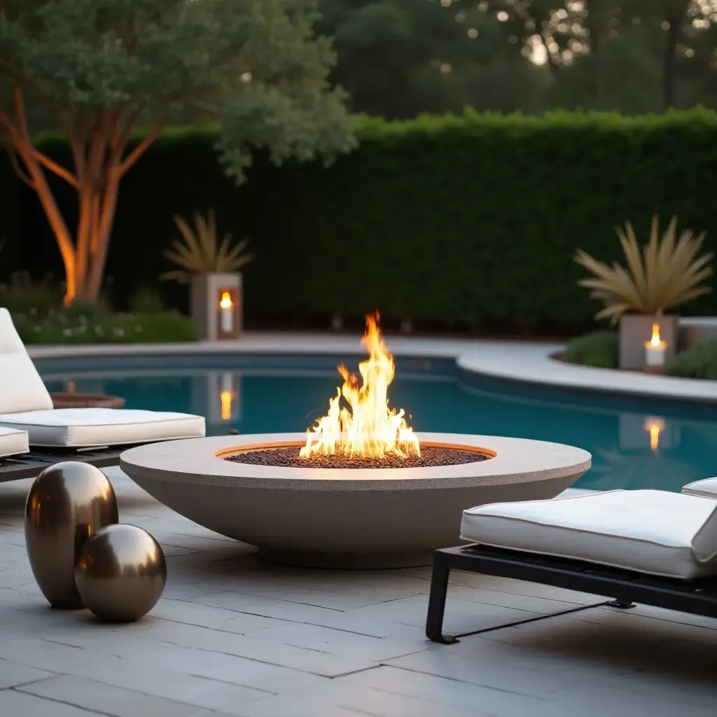 a photo of a chic poolside fire pit surrounded by metallic accents