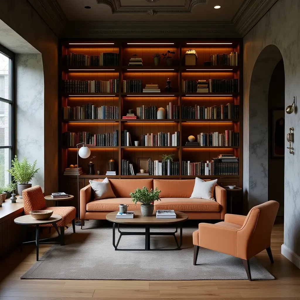 a photo of a trendy library with vintage bookshelves and modern seating arrangements