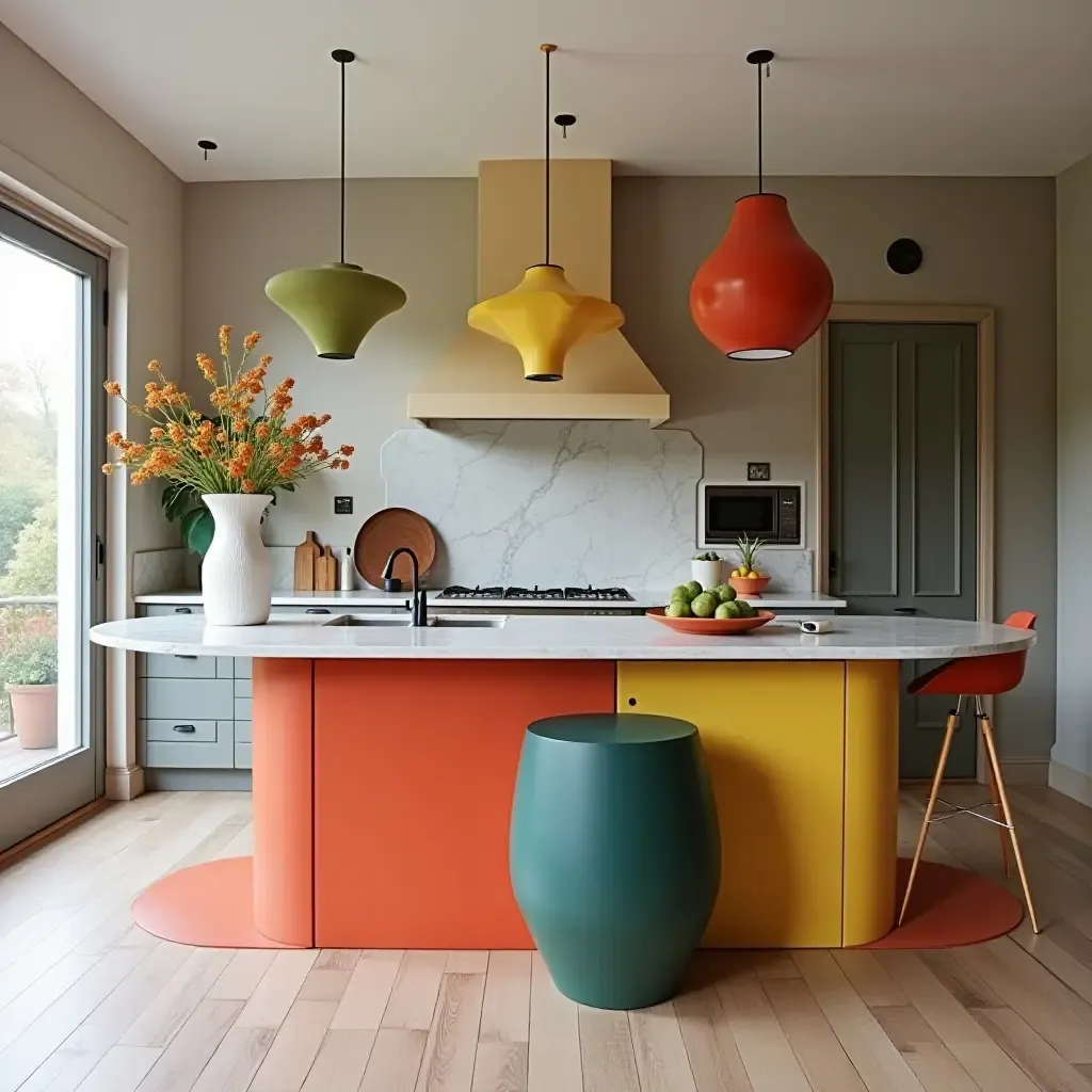 a photo of a bold kitchen island with unique shapes and colorful accents