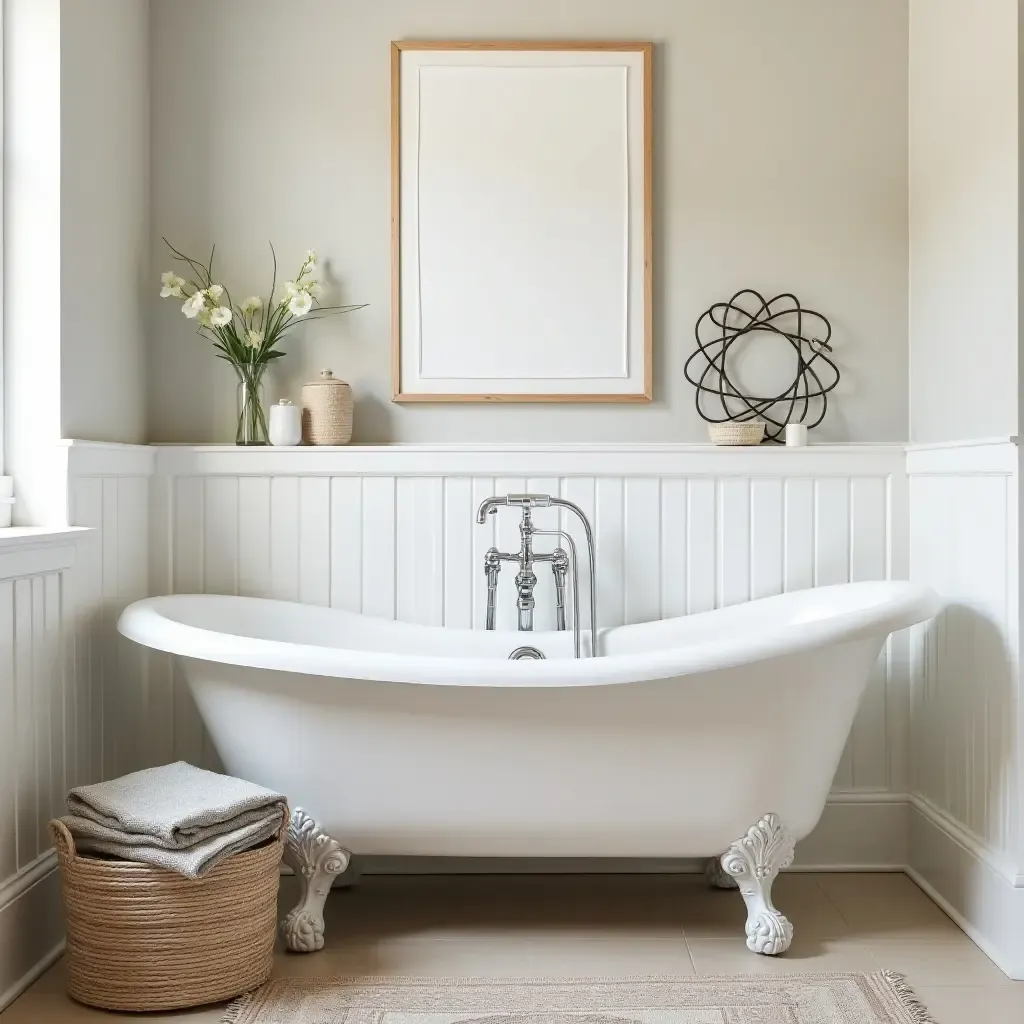 a photo of a chic bathroom featuring a vintage clawfoot tub and stylish accessories