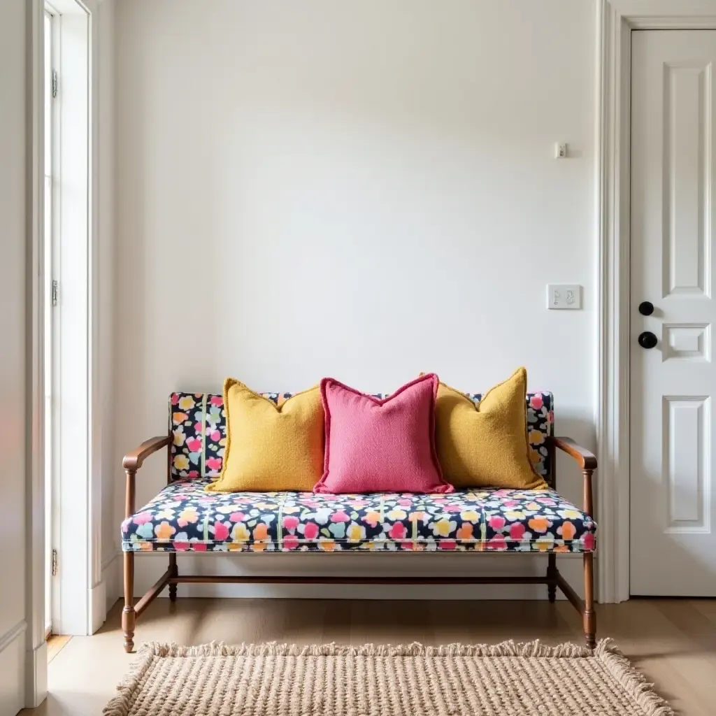 a photo of a vibrant upholstered bench with colorful cushions in an entryway