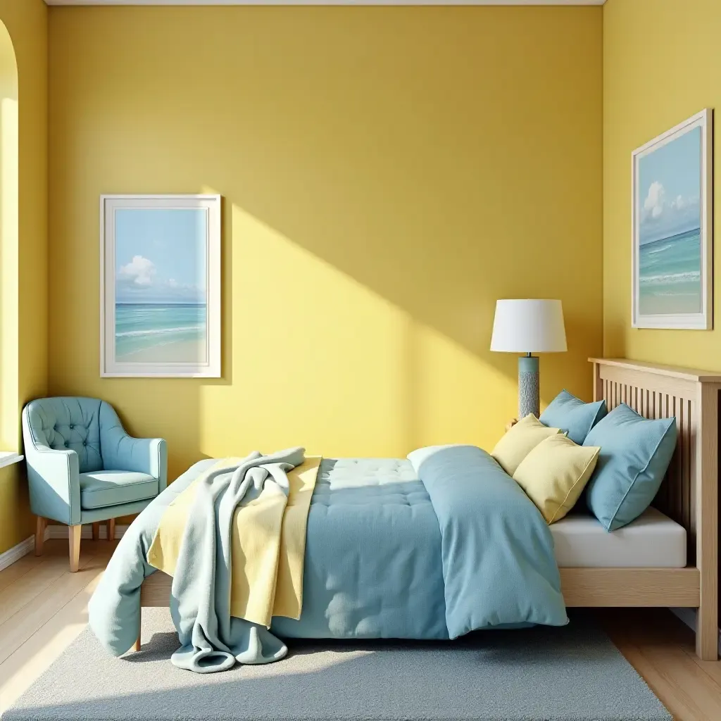 a photo of a sunny yellow and ocean blue bedroom with beach-themed decor