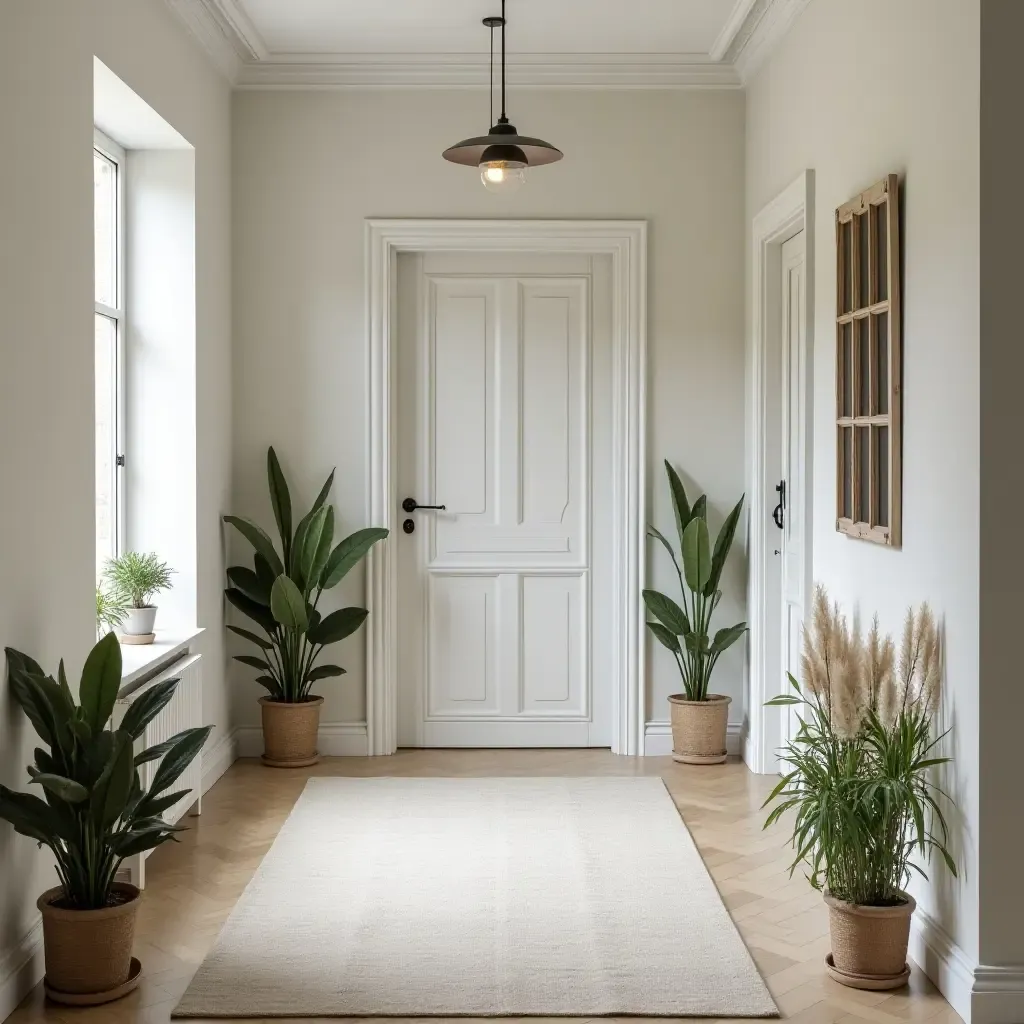 a photo of a Scandinavian-inspired corridor decorated with greenery and soft textiles