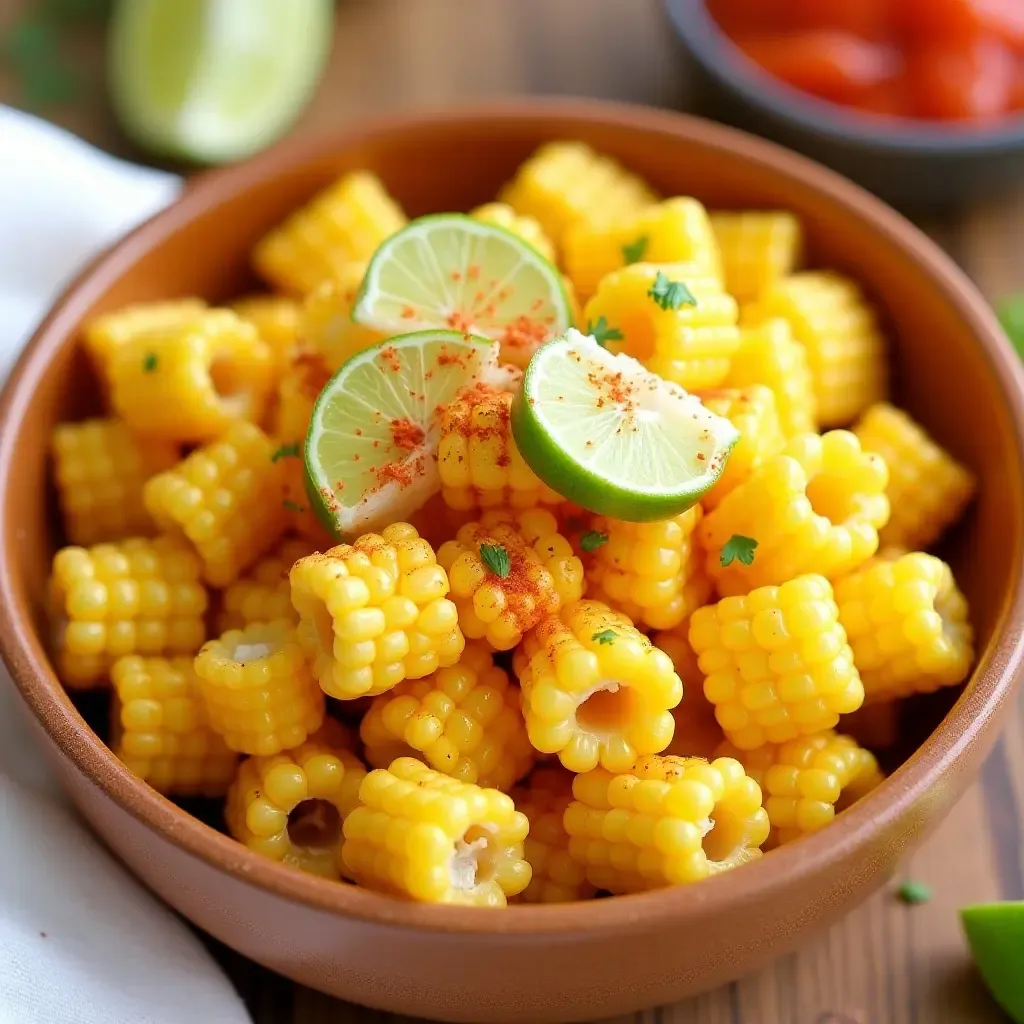 a photo of homemade esquites, Mexican street corn in a bowl, garnished with lime and chili powder.