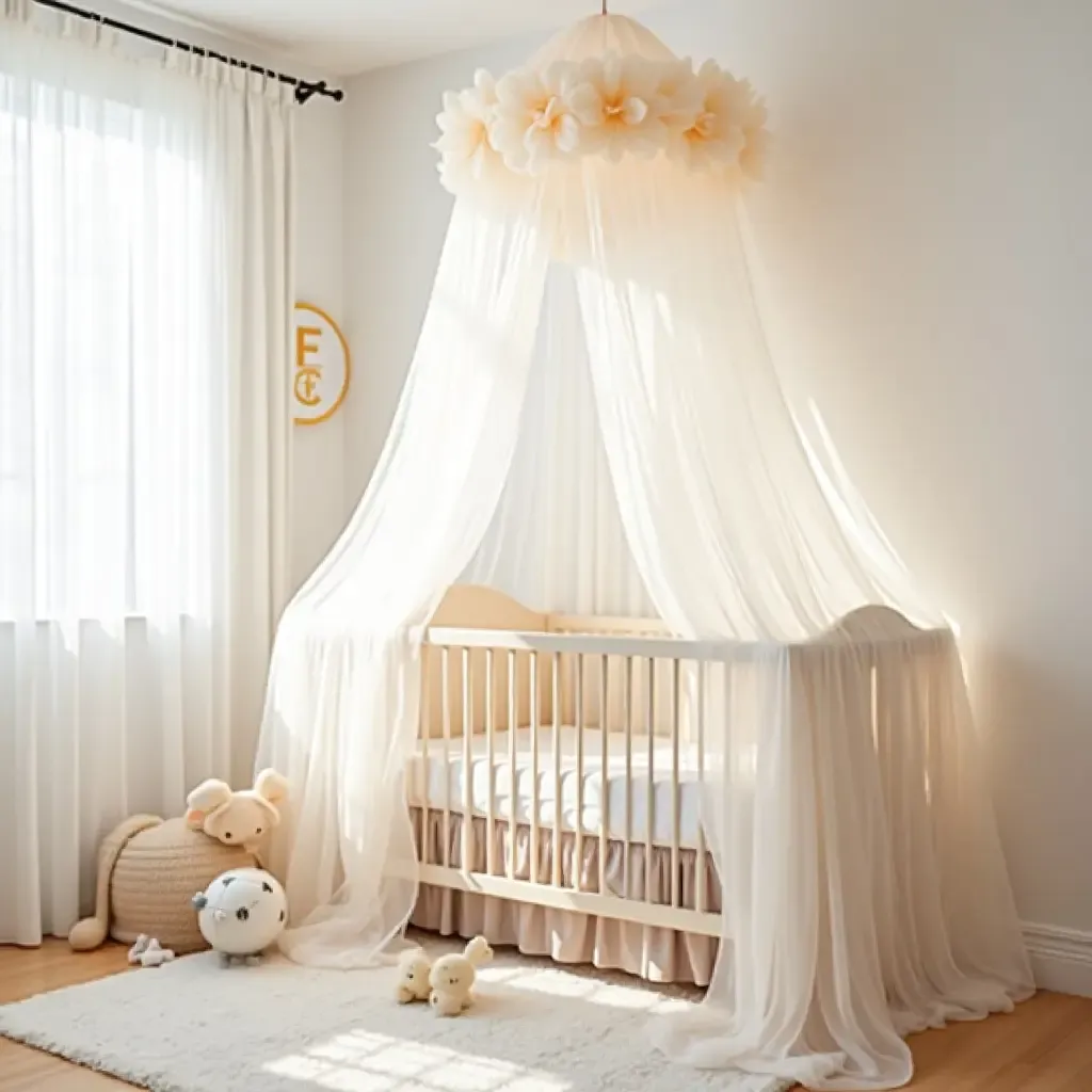 a photo of a dreamy nursery with a tulle canopy draped over a crib