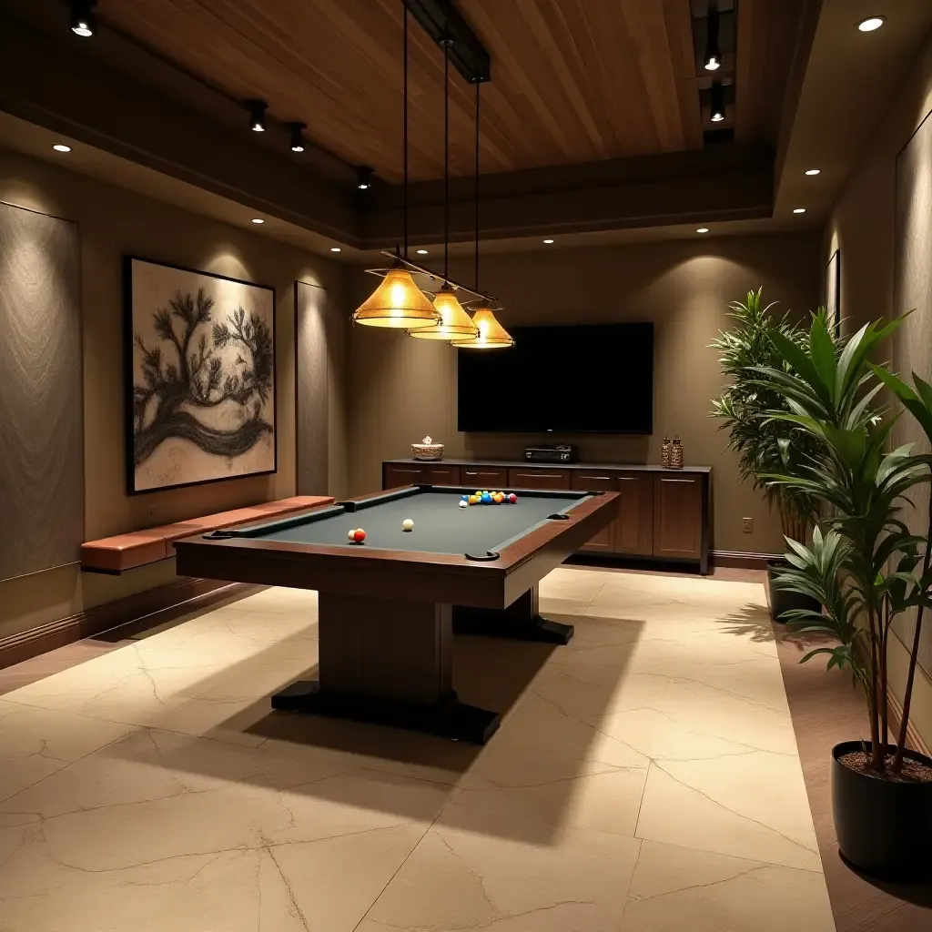 a photo of a basement game room featuring a plant centerpiece